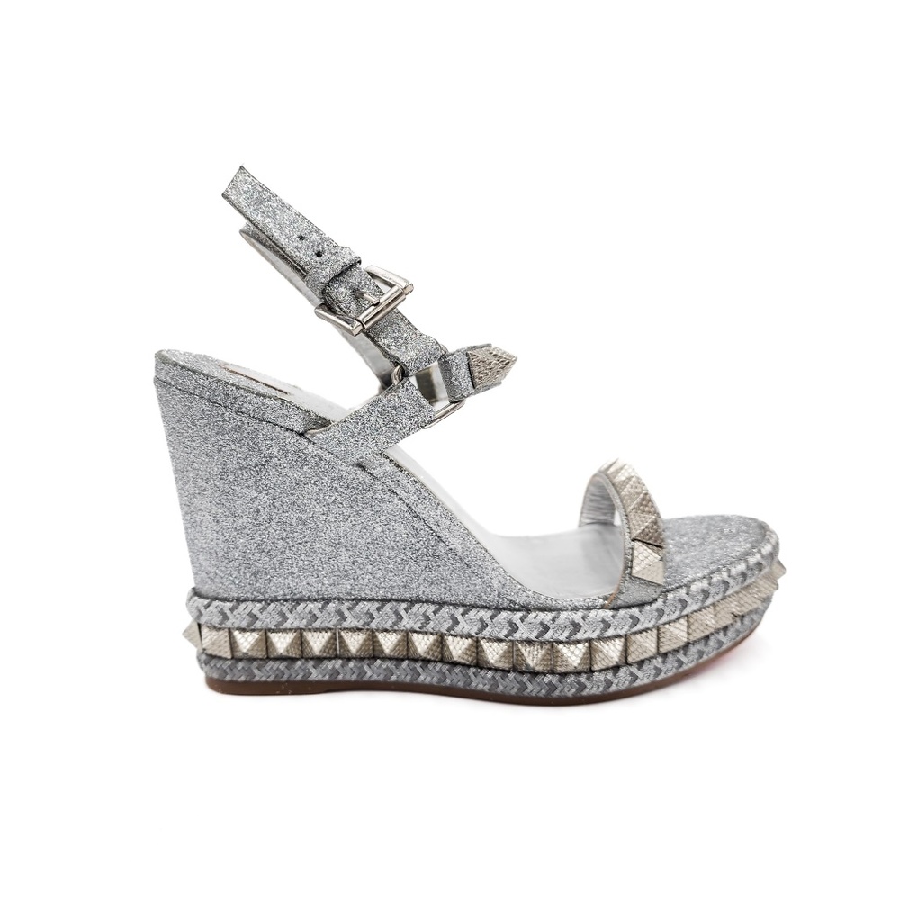 Christian Louboutin Silver Glitter Studded Espadrille Platform Sandals EU 37
